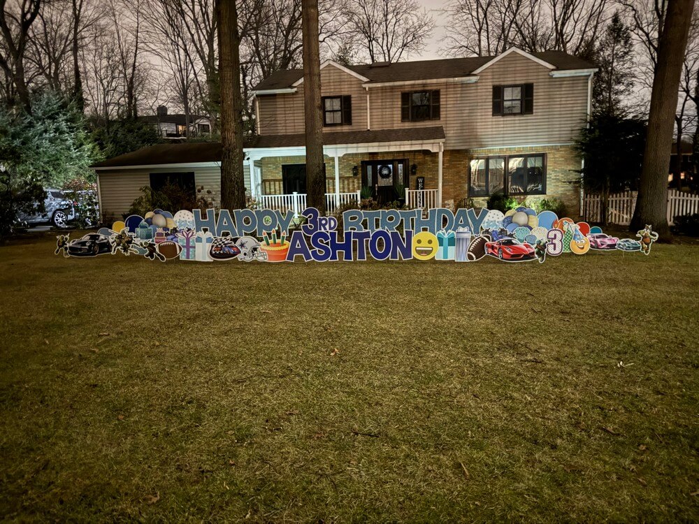 Custom Happy Birthday Yard Card Including Cars and Football Themed Extras for a Boy in Washington Township, NJ