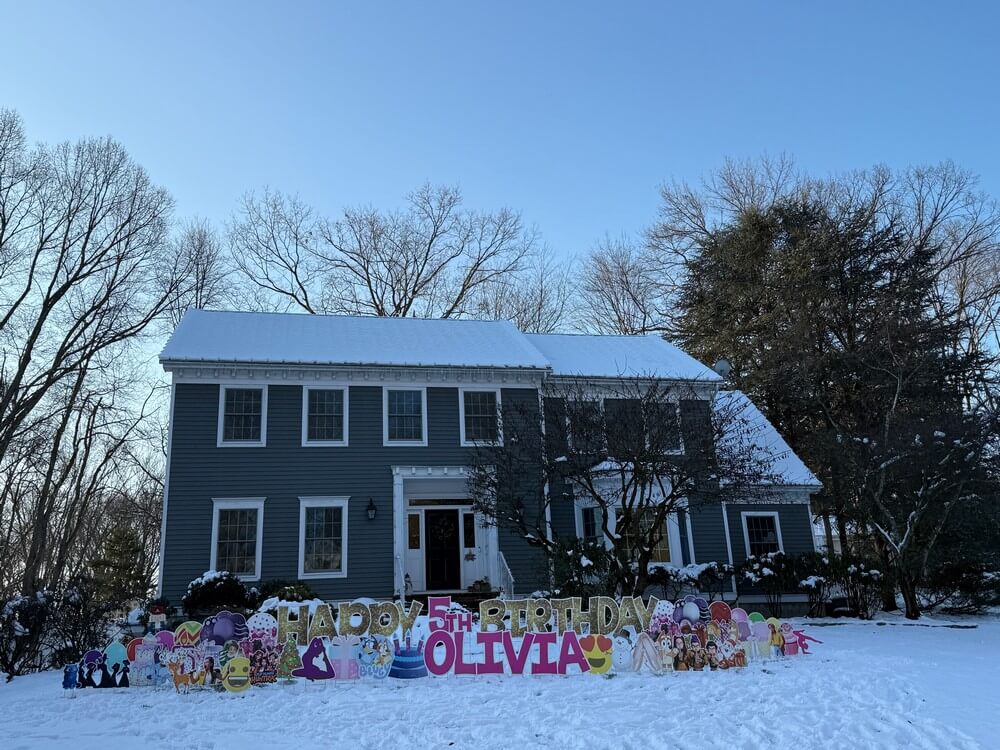 Beautiful Birthday Yard Card for a Girl in Ridgewood, NJ, During the Winter with Snow on the Ground