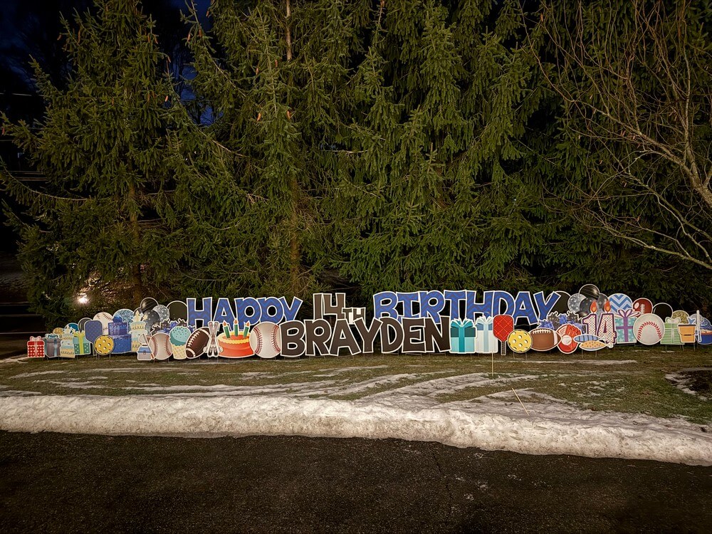 Festive Happy Birthday Yard Card For a Boy Featuring Pickleball and Fishing Themes in Bergen County, NJ Festive Happy Birthday Yard Card For a Boy Featuring Pickleball and Fishing Themes in Bergen County, NJ